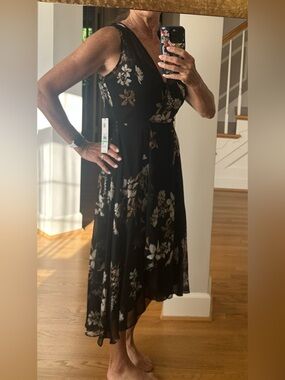 NWT - Calvin Klein Black Floral Asymmetrical Midi Dress